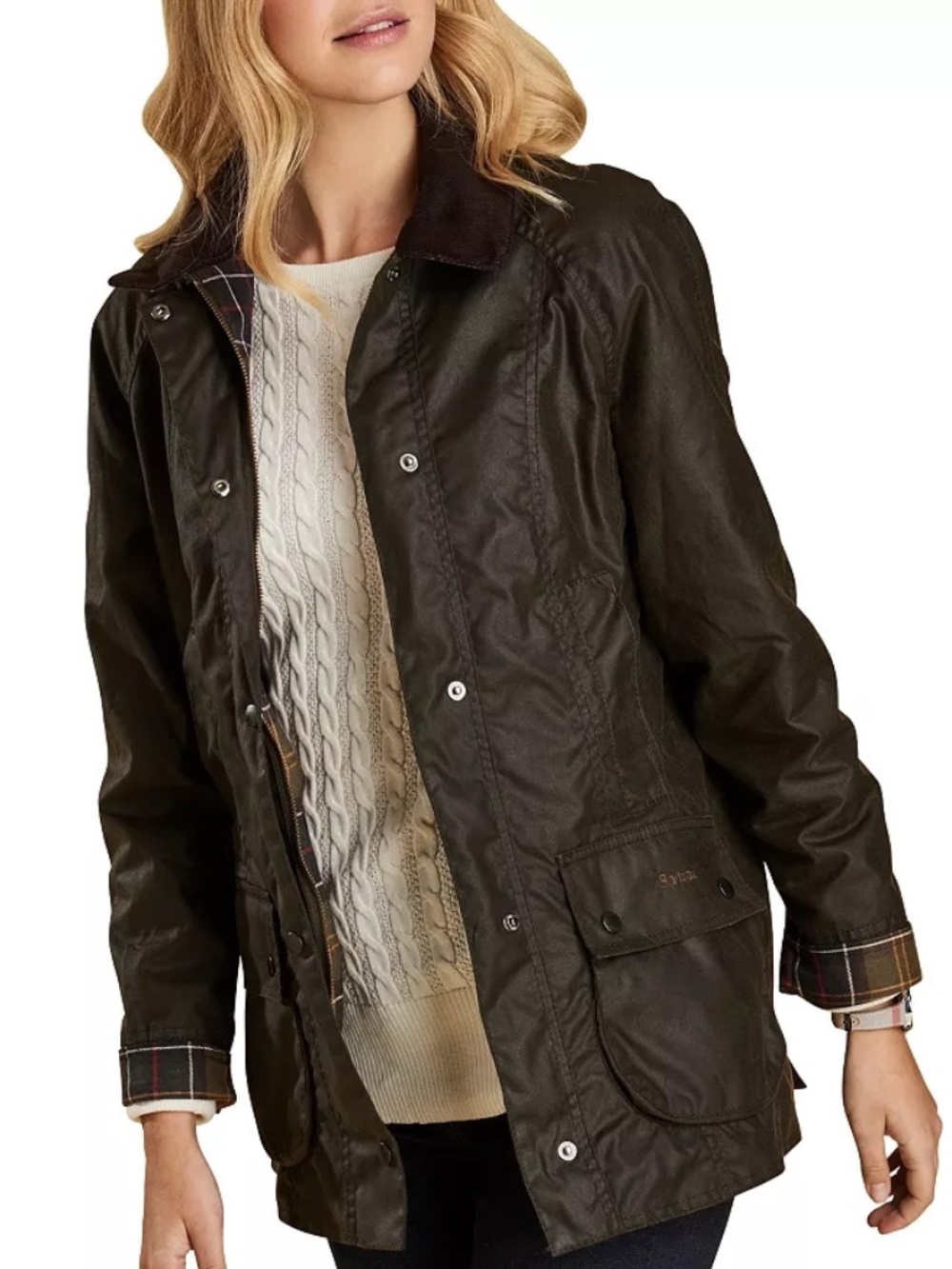 Barbour Beadnell Olive Waxed Cotton Tartan Lined Jacket Women’s US 8